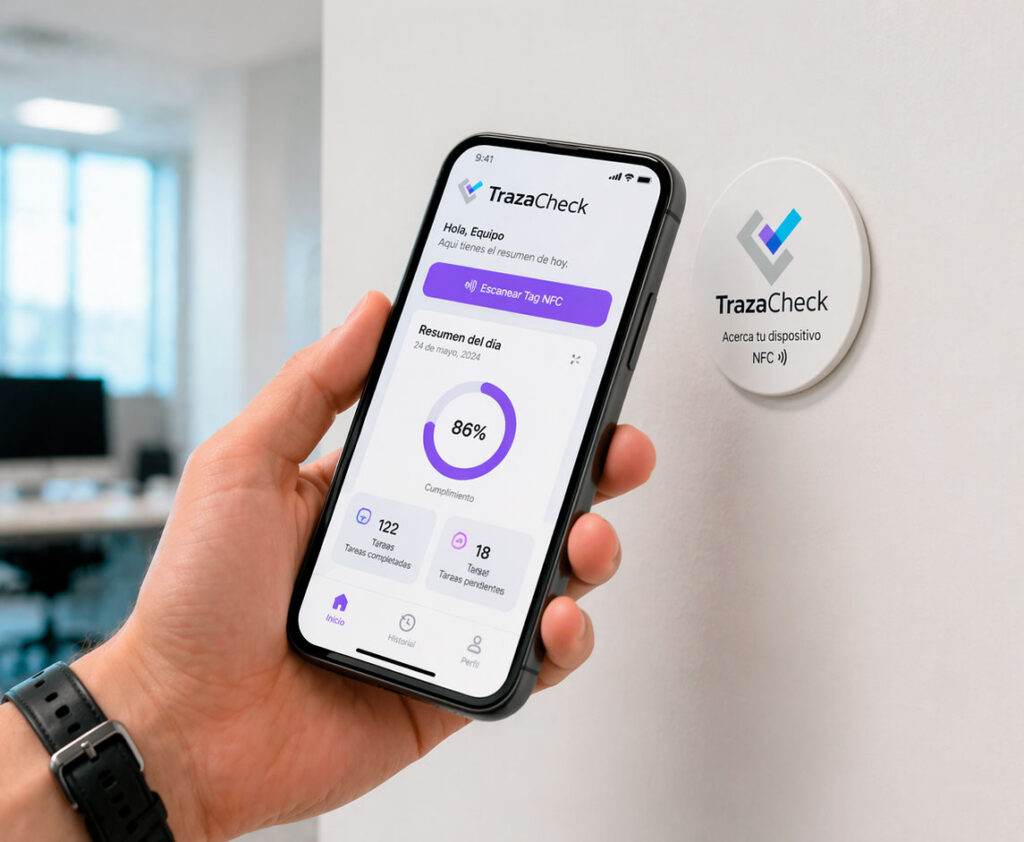 Empleado acerca su teléfono con la app TrazaCheck a un tag NFC en la pared para registrar su presencia