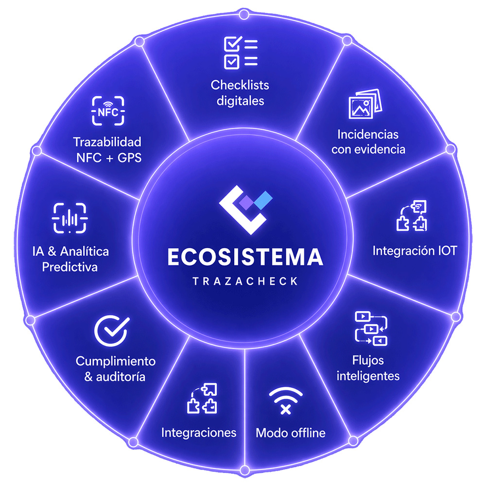 Ecosistema TrazaCheck: trazabilidad NFC/GPS, checklists, incidencias, IoT, flujos, modo offline, IA y cumplimiento